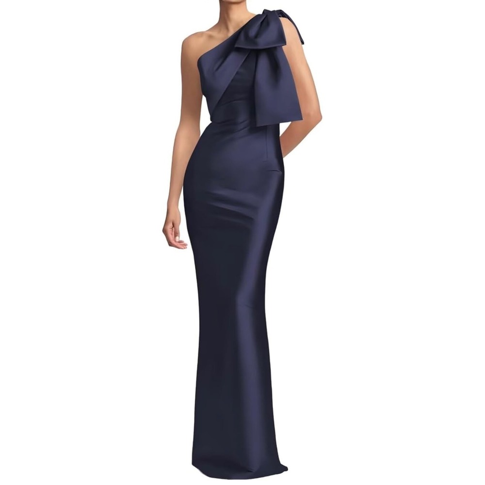 Navy Blue One Shoulder Bow Mikado Gown Evening Formal Maxi Dress